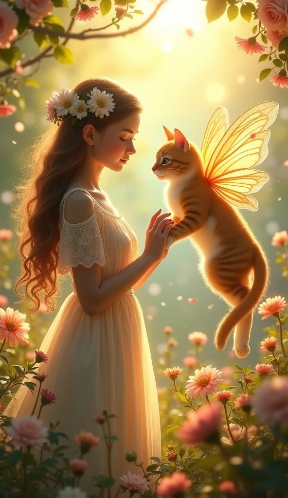 A scene of a beautiful girl touching a cat'foot、Beautiful flower garden、Dancing Cat Fairy、Beautiful sunshine、laugh, Queen and the Cat Fairy