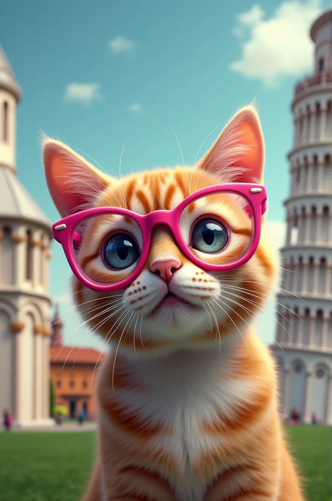 Cat in pink glasses against the background of the Leaning Tower of Pisa in different STYLES