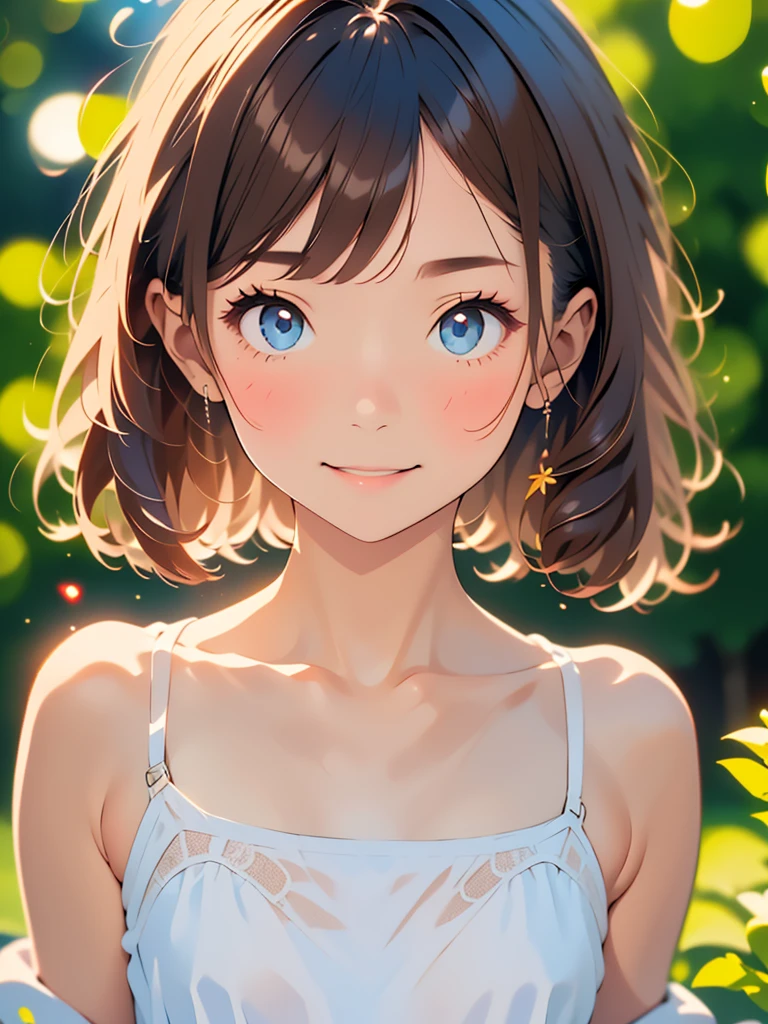 one girl、smile:0.1、pretty girl、brown hair、baby face、young、delicate girl、Upper body、small breasts、unreasonable precision、Super detailed、camisole、completely flat、Honesty、thin arms, professional lighting, film grain, chromatic aberration, (Eye and face details:1.0), (Bokeh:1.1)、school swimwear)))、software:1.5)))、 highest quality, 8k, 14 years,