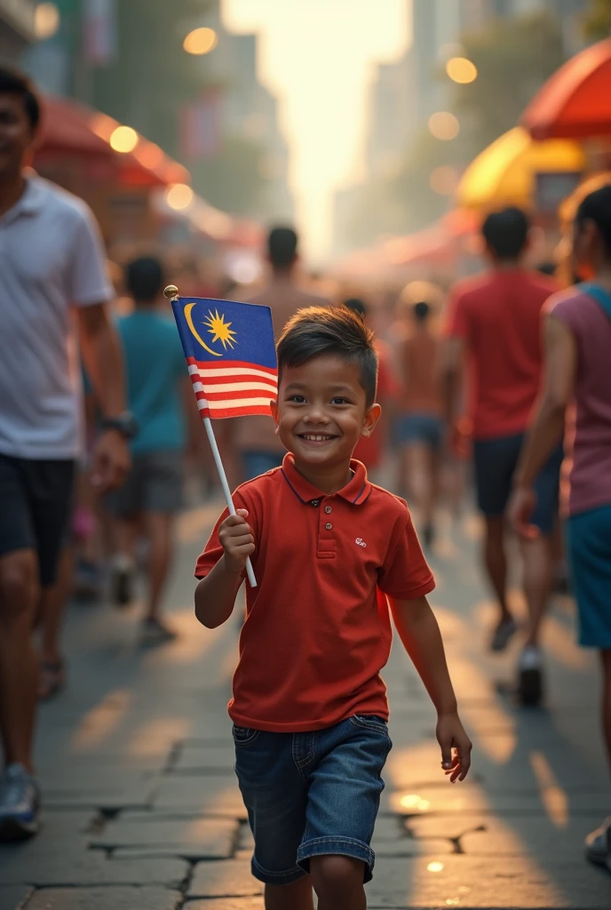 a young boy 5 year old . Smile . holding 1 miniature malaysia flags((perfect malaysia flag"), tilf shift photography, all people running quickly, one person standing still in the center, detailed faces, highly detailed, 8k, photorealistic, vibrant colors, dramatic lighting, cinematic composition