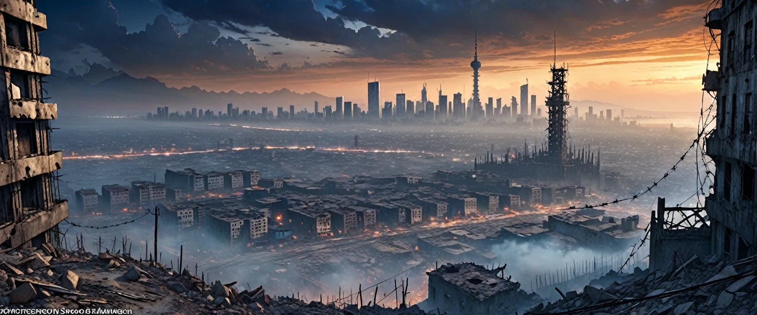 ruins of the city with a single giant tower in the middle, post apocalyptic and futuristic at the same time, high concrete wall with barbed wire, smog, Skyscrapers in the distance, big deep sky, at night