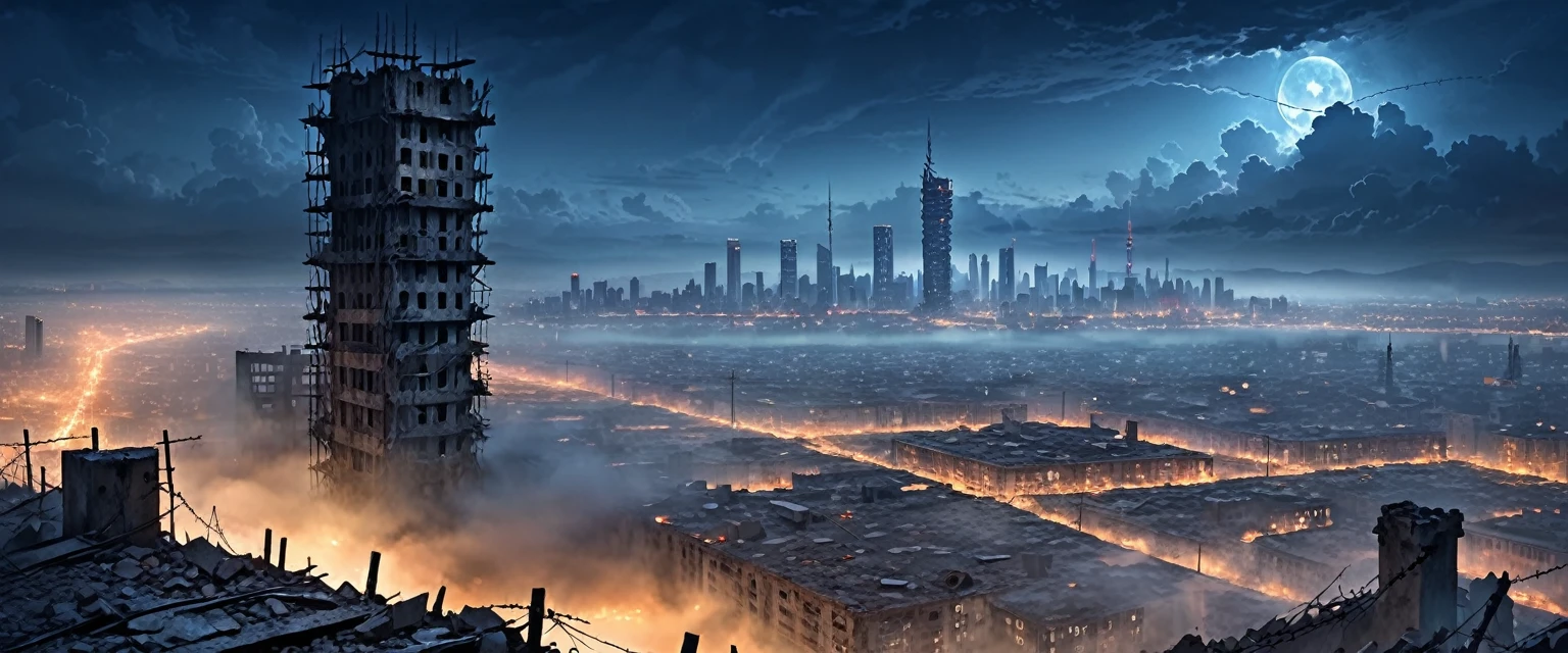 ruins of the city with a single giant tower in the middle, post apocalyptic and futuristic at the same time, high concrete wall with barbed wire, smog, Skyscrapers in the distance, big deep sky, at night 