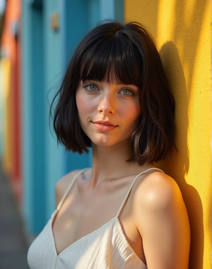 RAW photo, best quality, masterpiece, ((photorealistic)), Polish girl, 20 years old, full body, black hair, Light grey eyes, short bob cut, hair in 7 thirds, hair over one ear, Symmetrical eyes, Detailed Skin , Big Breasts, rip gloss, Photographed in front of a colorful and stylish exterior wall, smiling, sunny, outdoors, detailed background, model-like pose, summer, sunlight, shadow, stylish clothes,