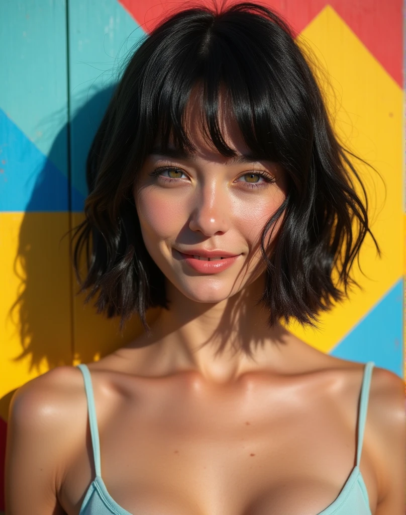 RAW photo, best quality, masterpiece, ((photorealistic)), Polish girl, 20 years old, full body, black hair, Light grey eyes, short bob cut, hair in 7 thirds, hair over one ear, Symmetrical eyes, Detailed Skin , Big Breasts, rip gloss, Photographed in front of a colorful and stylish exterior wall, smiling, sunny, outdoors, detailed background, model-like pose, summer, sunlight, shadow, stylish clothes,