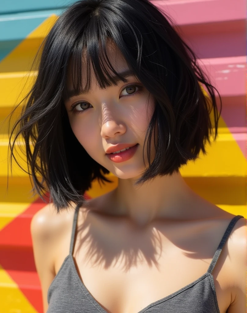 RAW photo, best quality, masterpiece, ((photorealistic)), Polish girl, 20 years old, full body, black hair, Light grey eyes, short bob cut, hair in 7 thirds, hair over one ear, Symmetrical eyes, Detailed Skin , Big Breasts, rip gloss, Photographed in front of a colorful and stylish exterior wall, smiling, sunny, outdoors, detailed background, model-like pose, summer, sunlight, shadow, stylish clothes,