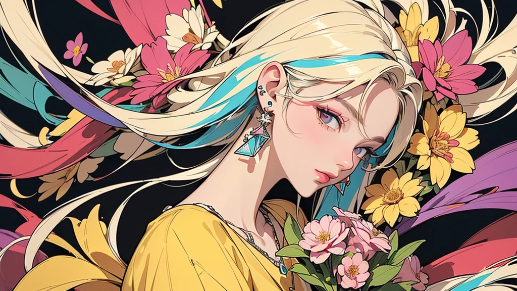 32K, 最高quality, 最高masterpiece, (ultra-Detailed Background, Detailed Background), High resolution, Super detailed, Very detailedな, 1 personの, (bouquet:1.3), (Tangled:1.2), (Geometric:1.2),(colorful),(masterpiece, quality, best quality, Official Art, Beautiful and beautiful:1.2), (1 person:1.3), Very detailed,(colorful:1.1)(Flowers:1.3),Most detailed,(Tangled:1.2), whole body, (Abstract background:1.3), (Skin glows), (Many colors:1.4), ,(Earrings Jewelry:1.5), Pale yellow background, It's imaginative., Milk tea colored hair, Updo,