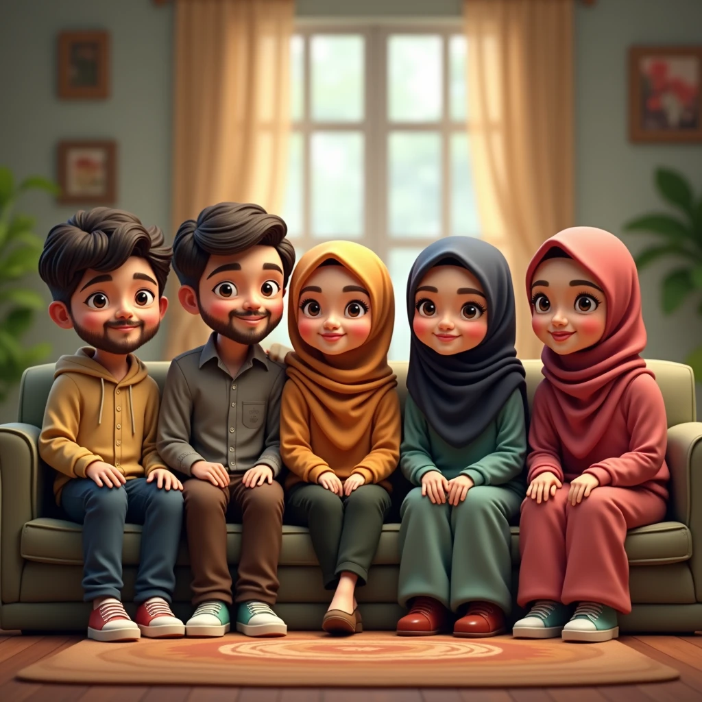 (3 hijabless male sitting), (3 hijabbed females sitting), caricaturized, cute face, casual fashion, fantasy art, happy expression, extreme detail, masterpiece, cinematic lighting, 4k, indoor background