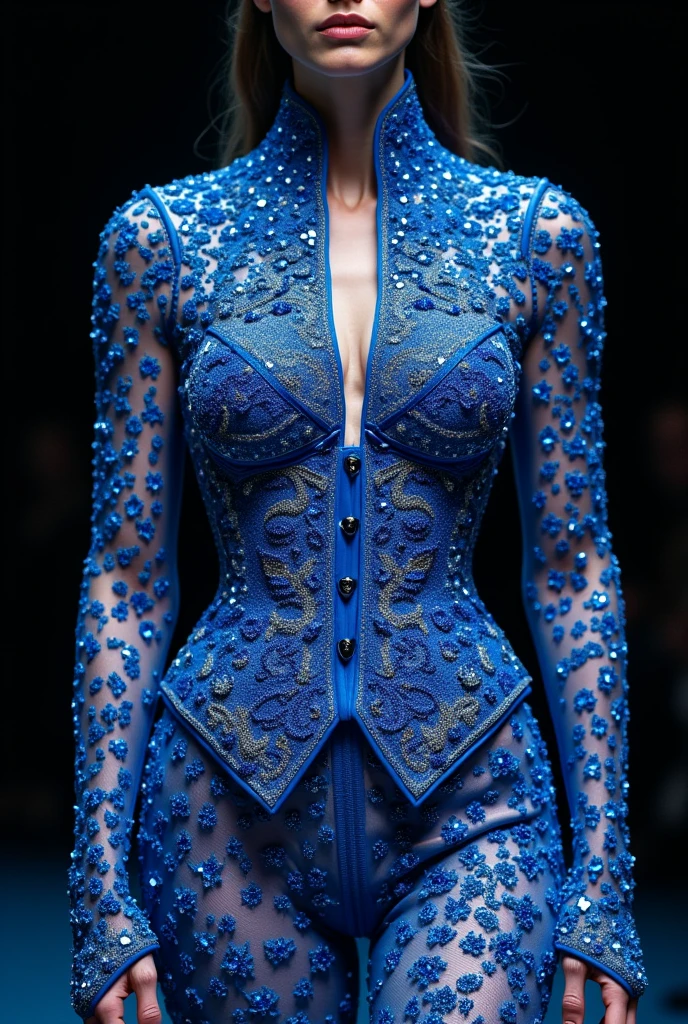 Create a blue corset entirely embroidered with blue stones like at the high fashion week. A male corset