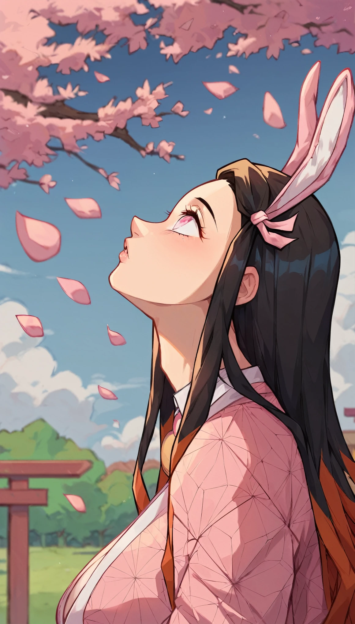 score_7_up, score_8_up, score_9, kamado_nezuko, kimetsu_no_yaiba, human nezuko black_hair, pink_eyes, huge breasts, bunny ears, pink kimono, view from side, look up at sky