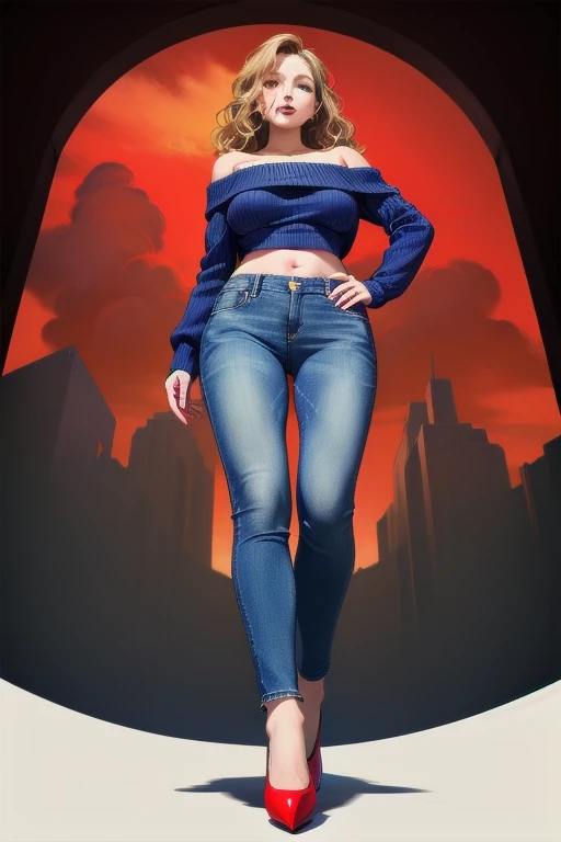 ((Best Quality)), ((masterpiece)), (detailed), 1 girl, off shoulder sweater, blue jeans, neckline, wavy fur,26 years, Red high heels, big breasts,wide hip,((view from below)),(Whole body))