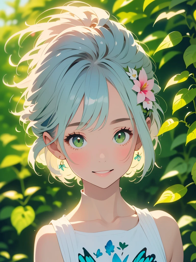 (masterpiece, Highest quality, Highest quality, Beautiful and beautiful:1.2), Excellent anatomy, (Watercolor painting 1.5), Long Shot, Straight short hair picture, Trendy Hair Color, Beautiful smile, Fairy, Butterfly Fairy costume, Pure white , Pure, charm, Colorful flowers of various colors, Flowers and green leaves wind, Botanical Art, Mr.A pose,