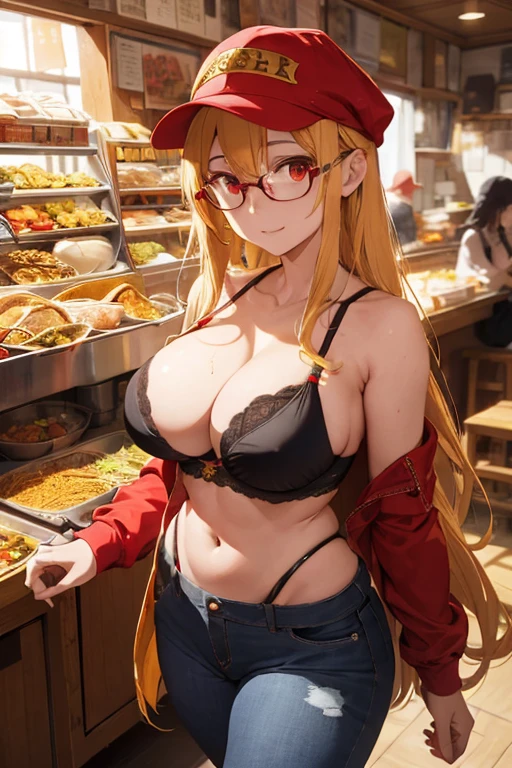 1 female, gold yellow long hair, red eyes, huge breast, black bra, thick legs, red jean, glasses, red cap, in the indian place, indian foods