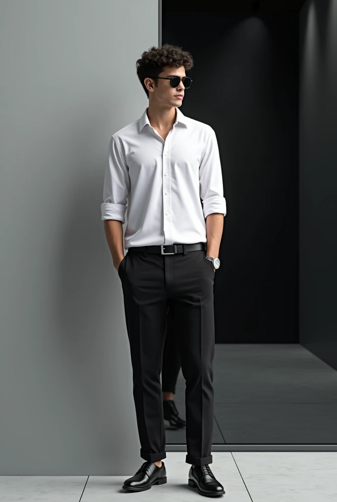 A young man with black pant and white shirt official dress.he is wearing a watch and a sunglasses.he is standing against a gray wall with black glass.his hair is dark ,short and curly.