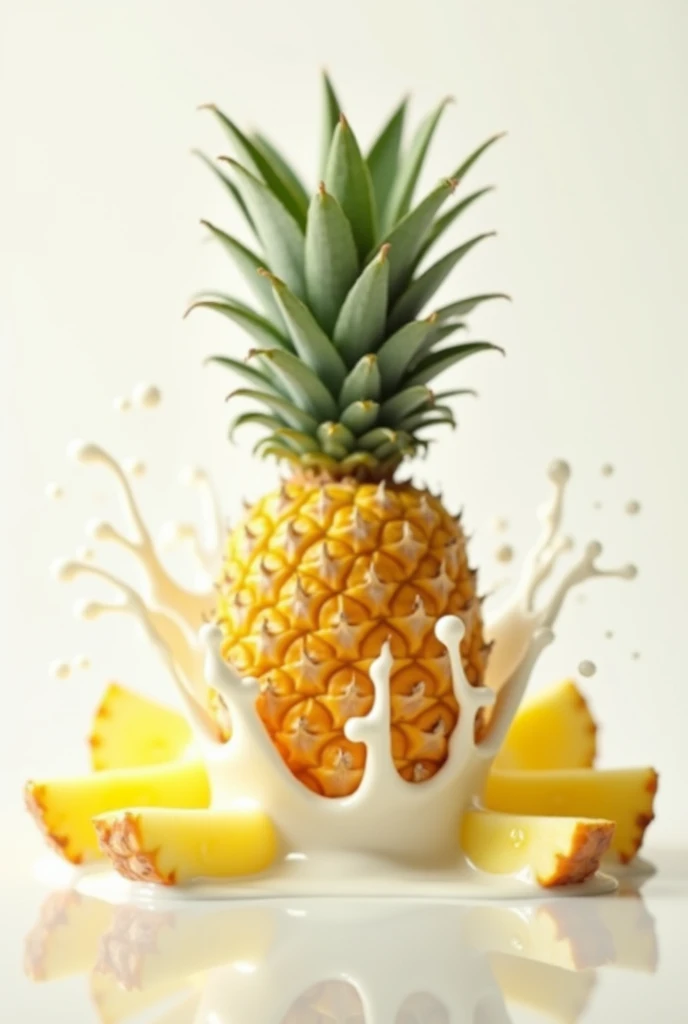 milk yogurt splashing on a pineapple fruit in the middle with about 2 slices of pineapples beside it in horizontal size 