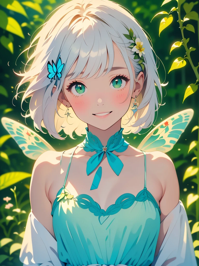 (masterpiece, Highest quality, Highest quality, Beautiful and beautiful:1.2), Excellent anatomy, (Watercolor painting 1.5), Long Shot, Straight short hair picture, Trendy Hair Color, Beautiful smile, Fairy, Butterfly Fairy costume, Pure white , Pure, charm, Colorful flowers of various colors, Flowers and green leaves wind, Botanical Art, Mr.A pose,