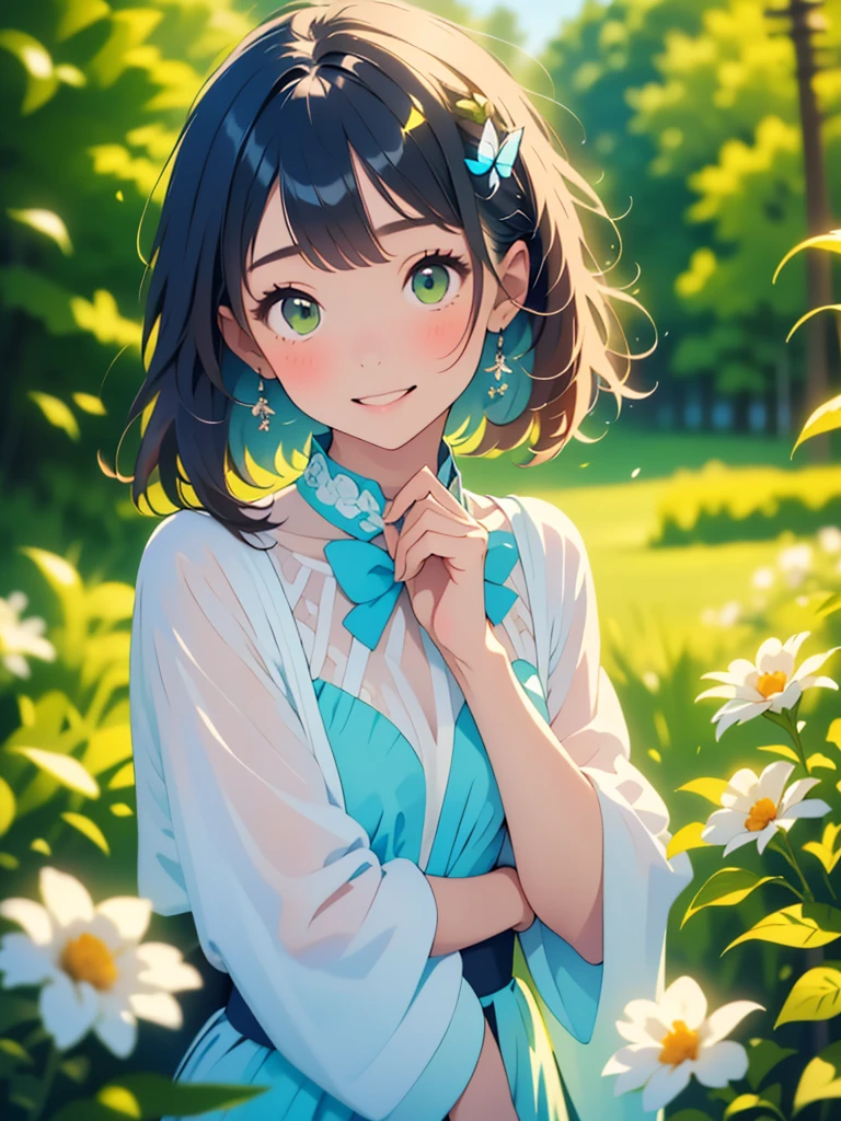 (masterpiece, Highest quality, Highest quality, Beautiful and beautiful:1.2), Excellent anatomy, (Watercolor painting 1.5), Long Shot, Straight short hair picture, Trendy Hair Color, Beautiful smile, Fairy, Butterfly Fairy costume, Pure white , Pure, charm, Colorful flowers of various colors, Flowers and green leaves wind, Botanical Art, Mr.A pose,