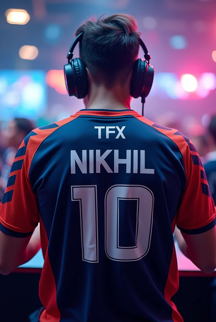  eSports player with Jersey number 10 and player name TFX NIKHIL on the back jersey