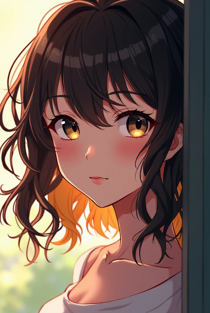 anime woman with wavy dark brown hair with blonde highlights güerita 
