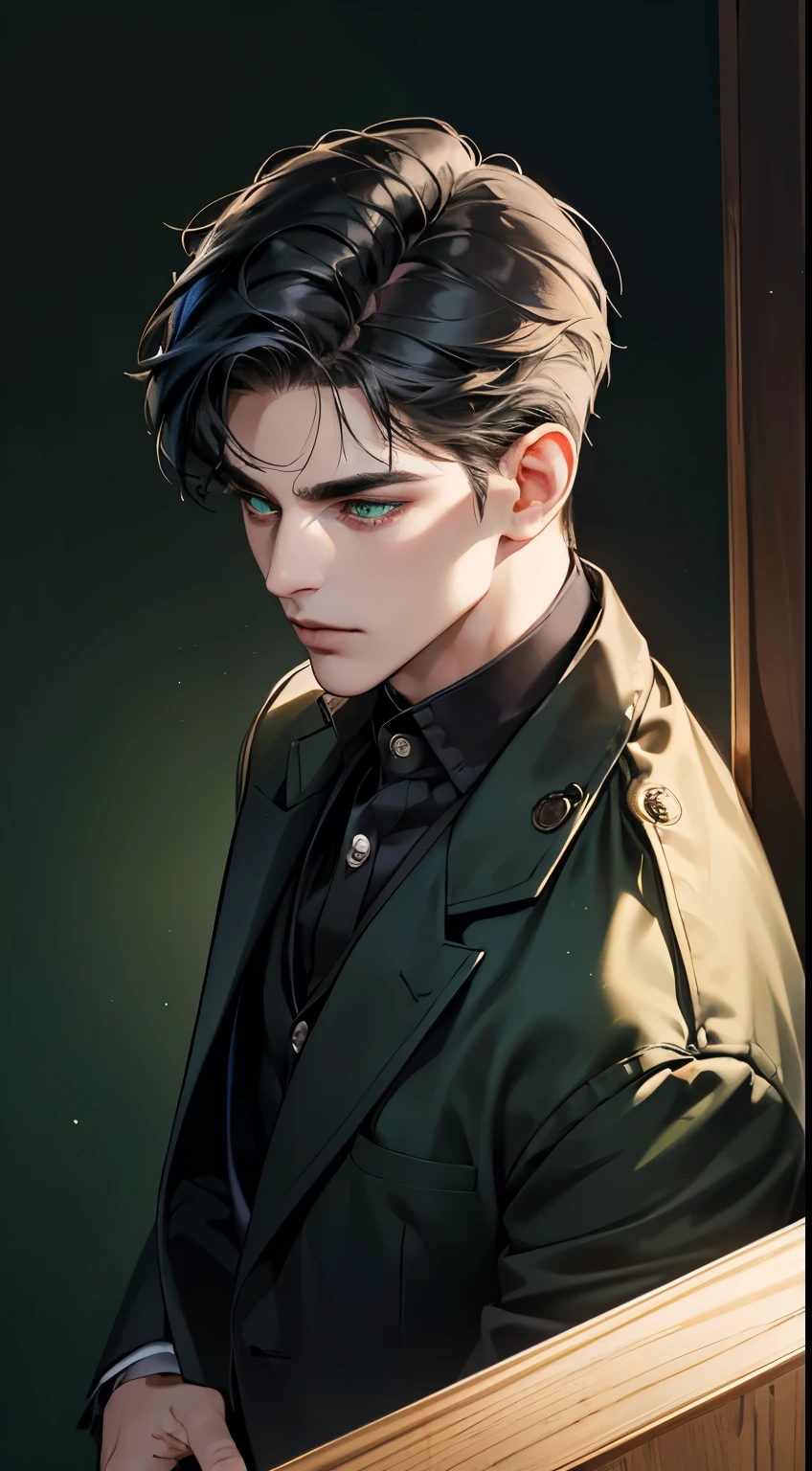 (best quality, masterpiece, 8K, photorealistic, cinematic lighting, 1:4 hdr image, top view, ultra detailed, beautiful image), a mature man, very handsome, short black hair, green eyes, perfect face without errors , ((buttoning his jacket, CEO))