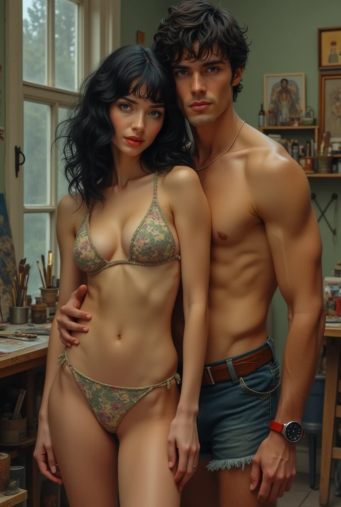 a pale woman with blue eyes and raven hair with a handsome man with a fit body with raven hair and dark blue eyes smiling in a workshop filled with paint, They are both naked with an air of the sixties

