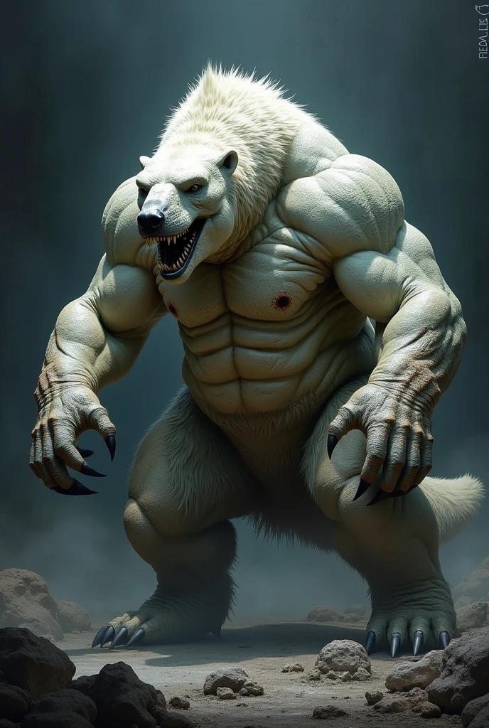 Create a fearsome, fully muscles fusion of polar bear and diansour hybrid with hyper-realistic, rugged skin and scales, against a dark, intense background for a truly shocking effect."