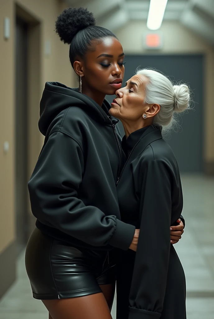 black woman hair in a bun black hoodie   black leather short shorts   a old grandma in a dress on her knees kissing her ass behind her
