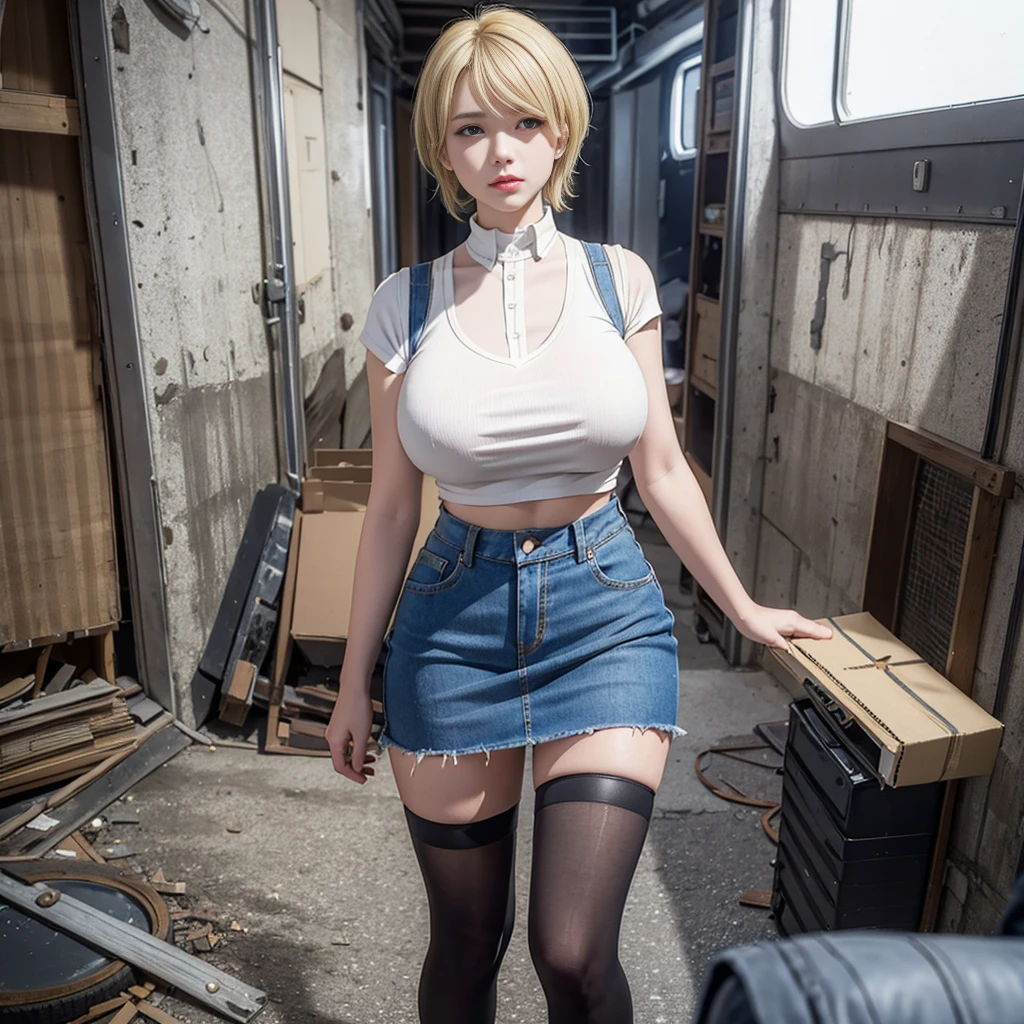 blonde short hair，Large Breasts，White vest，Black tights，，Denim skirt，ruined city，Damaged clothes and pants，