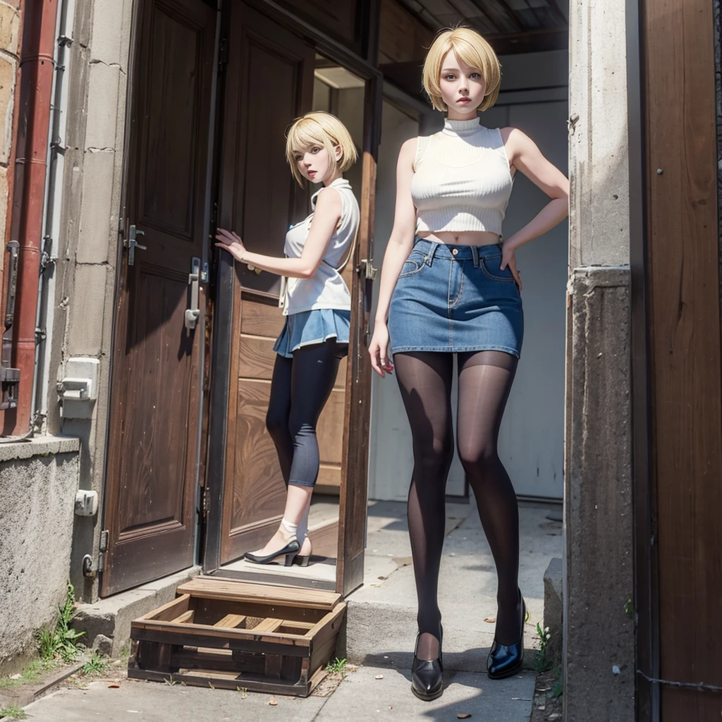 blonde short hair，Large Breasts，White vest，Black tights，，Denim skirt，ruined city，Damaged clothes and pants，