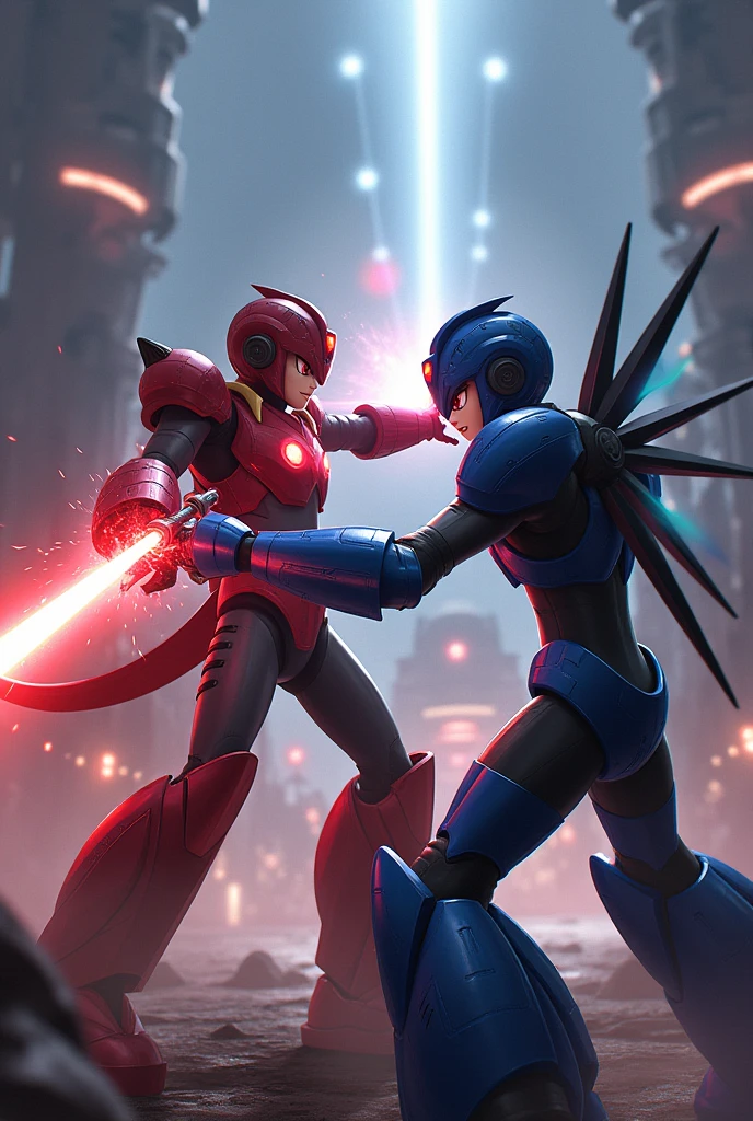 Megaman X6 Zero using his dark armor and with his energy sword fighting against x in the ultimate armor