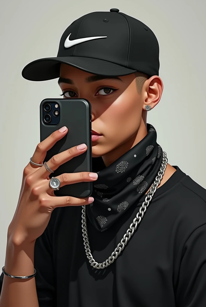 Realistic image of an 18-year-old taking a selfie with a cell phone, white skin tone, black shirt, silver chain, black nike brand cap all black curved brim, big black bandana around throat. shaven hair, and the cell phone covering the face. fully body.