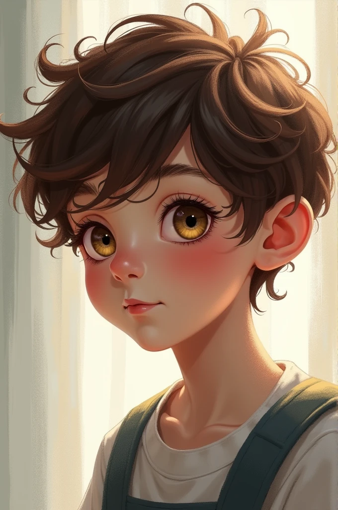 A brown-haired boy with waves and lilac eyes, dressed in casual clothes