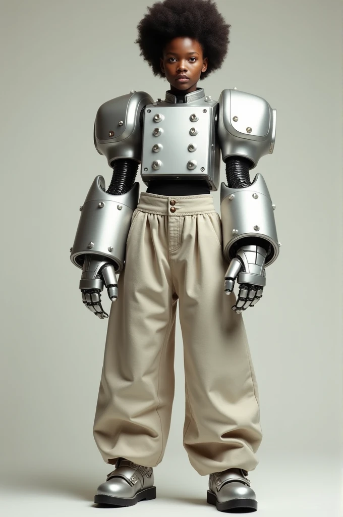 Afroamericna Teenager woman human girl dressed in a classic robot costume, i.e. wide baggy oversized pants and exaggeratedly large wide arms and silver Full body with big and silver robot shoes Standing And with metallic robot gloves And the chest completely covered and Square like a robot With buttons on the chest