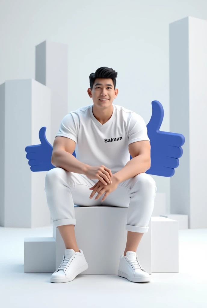 command example : Facebook profile picture, 3D Animation, adult male, Indonesia, strong, dressed in white, there is writing "SALMAN", White pants, wearing white shoes, sit back , of Facebook logo, with a follower background, Facebook homepage,