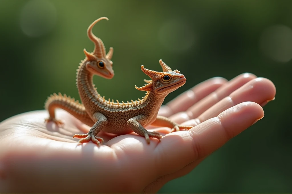 ultra-realistic 8k photograph, a tiny four-headed mythological hydra perched on a human hand, the hand is positioned sideways with clear detail of the skin's texture. The Hydra have four heads, emphasizing its mythological origin, and its flake skin add character to the scene, background is slightly out of focus, natural light gently highlights the subjects, shot with a Leica Q2, strong color contrast and sharp clarity  