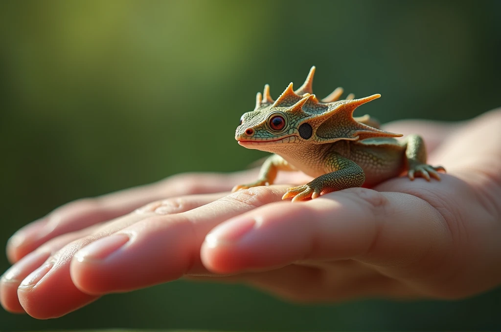 ultra-realistic 8k photograph, a tiny four-headed mythological hydra perched on a human hand, the hand is positioned sideways with clear detail of the skin's texture. The Hydra have four heads, emphasizing its mythological origin, and its flake skin add character to the scene, background is slightly out of focus, natural light gently highlights the subjects, shot with a Leica Q2, strong color contrast and sharp clarity