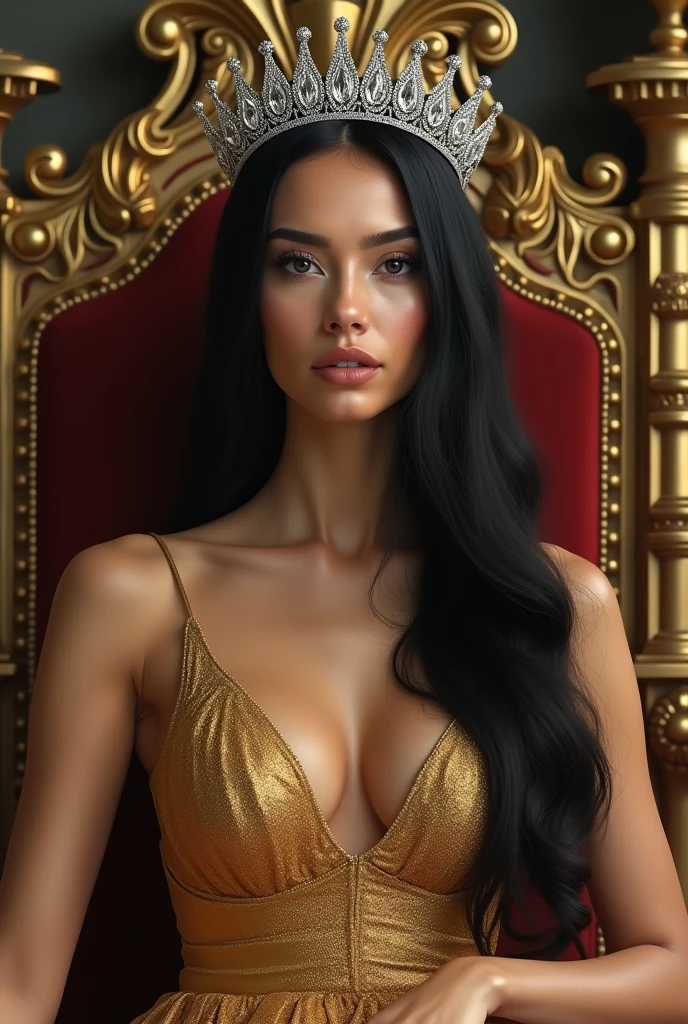 woman, long straight black hair, medium bust, silver crown, shiny smooth gold dress, sitting in a large queen chair, looking at the camera, photorealistic