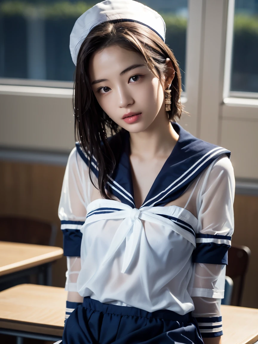 masterpiece:1.2, Very detailed, Ultra-high resolution, Realistic, photo Realistic:1.6, High-resolution RAW color photos, Professional photos, Sharp focus:1.2, Very detailed顔と肌の質感, Very beautiful eyes, Glossのある肌, Glowing Skin, Glowing Skin, Shining Face, Gloss, Oily skin, greasy face, Oily skin, greasy face,, real Glossのある肌 texture, Perfect Anatomy, Very detailed背景,(High school classroom at night),1 female,25-year-old woman, Japanese women,short hair, Straight hair, bangs, Brown Hair,((Flat Chest:1.6)), ,((A very see-through white short-sleeved sailor suit:1.9)),((Wet and sheer sailor suit:1.5)),((Bra covered by sailor uniform:1.5)),Earrings、Smiling faintly、Seeking sex,((Viewer discretion advised 1.8))