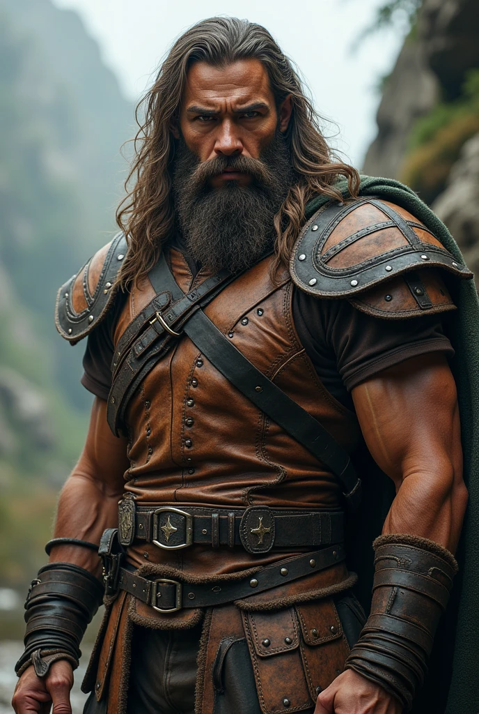 Young man with beard, long hair and leather armor