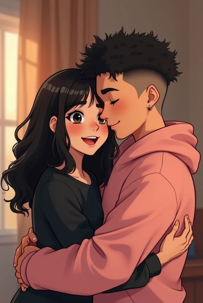 Light brown teenage girl,big black eyes with very long, loose, wavy black hair smiling, wearing a black blouse. hugging a strong dark-haired teenage boy with short curly hair and shaved sides, very small eyes, earring in ear, wearing a pink sweatshirt