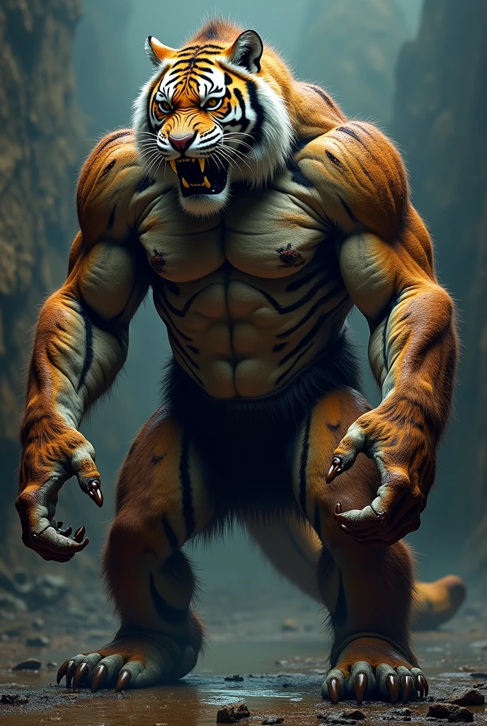Create a fearsome, fully muscles fusion of tiger and kong hybrid with hyper-realistic, rugged skin and scales, against a dark, intense background for a truly shocking effect."