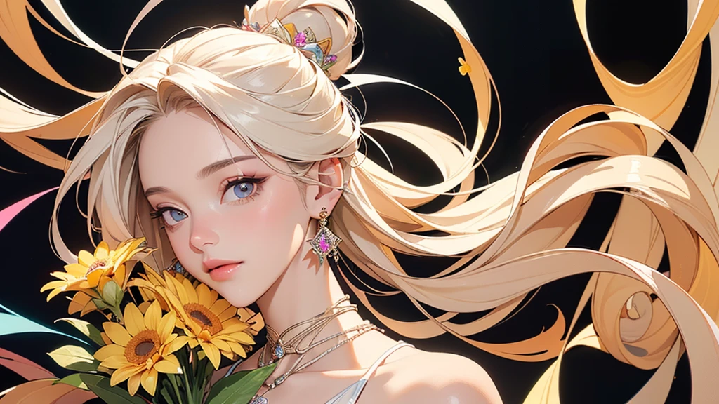 32K, 最高quality, 最高masterpiece, (ultra-Detailed Background, Detailed Background), High resolution, Super detailed, Very detailedな, 1 personの, (bouquet:1.3), (Tangled:1.2), (Geometric:1.2),(colorful),(masterpiece, quality, best quality, Official Art, Beautiful and beautiful:1.2), (1 person:1.3), Very detailed,(colorful:1.1)(Flowers:1.3),Most detailed,(Tangled:1.2), whole body, (Abstract background:1.3), (Skin glows), (Many colors:1.4), ,(Earrings Jewelry:1.5), Pale yellow background, It's imaginative., Milk tea colored hair, Updo,
