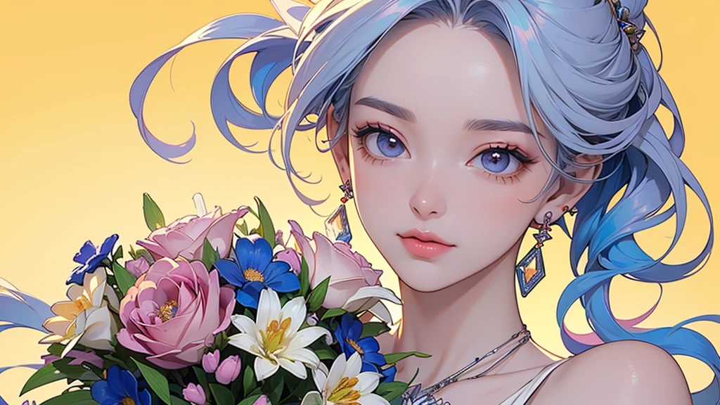 32K, 最高quality, 最高masterpiece, (ultra-Detailed Background, Detailed Background), High resolution, Super detailed, Very detailedな, 1 personの, (bouquet:1.3), (Tangled:1.2), (Geometric:1.2),(colorful),(masterpiece, quality, best quality, Official Art, Beautiful and beautiful:1.2), (1 person:1.3), Very detailed,(colorful:1.1)(Flowers:1.3),Most detailed,(Tangled:1.2), whole body, (Abstract background:1.3), (Skin glows), (Many colors:1.4), ,(Earrings Jewelry:1.5), Pale yellow background, It's imaginative., Milk tea colored hair, Updo,