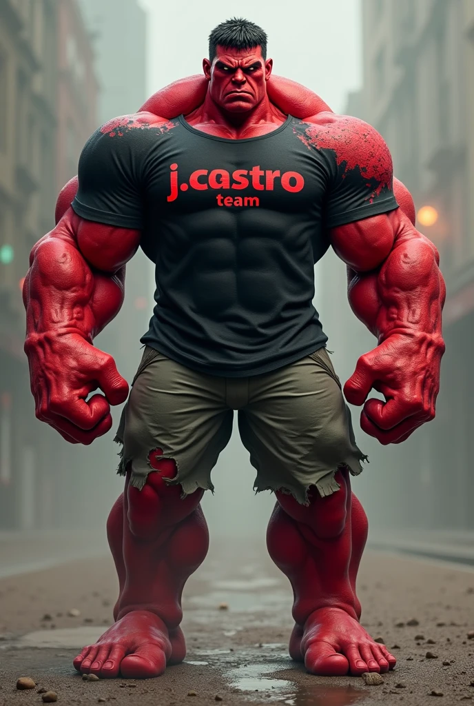 The red Hulk wearing a black shirt with the words "J.Castro team"