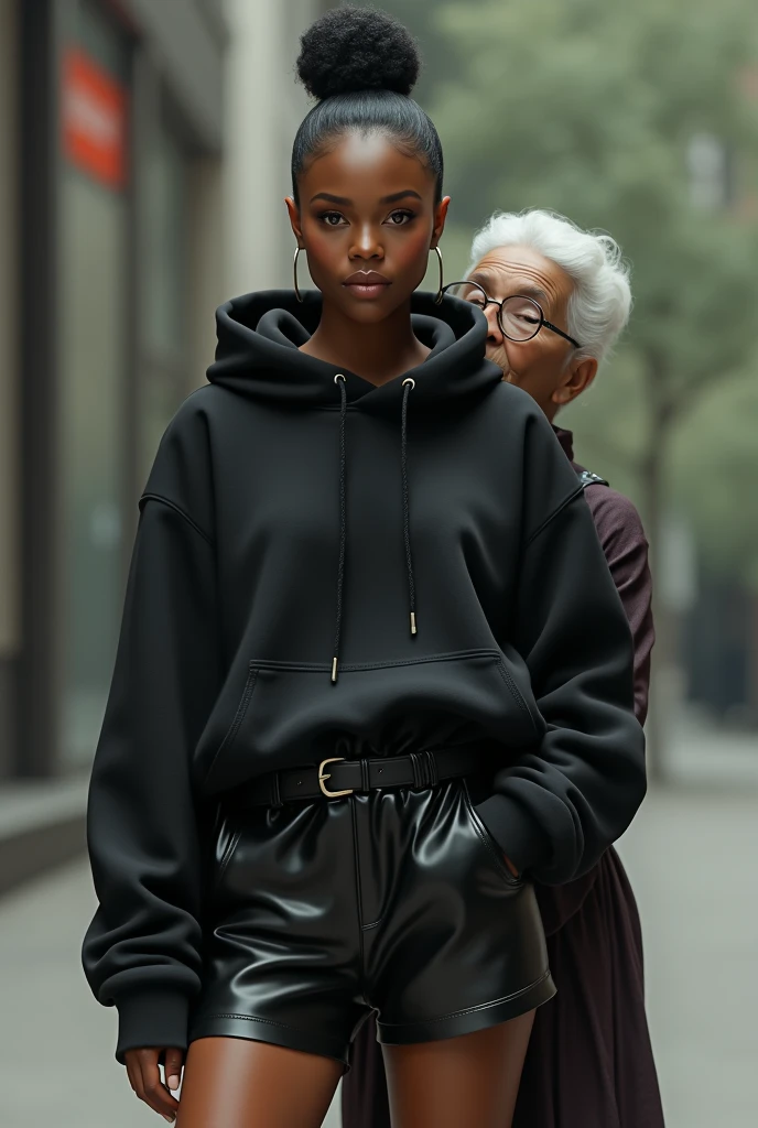 black woman hair in a bun black hoodie black leather short shorts a old grandma in a dress on her knees kissing her ass behind her