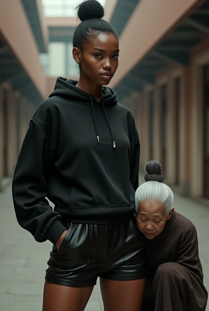 black woman hair in a bun black hoodie black leather short shorts a old grandma in a dress on her knees kissing her ass behind her