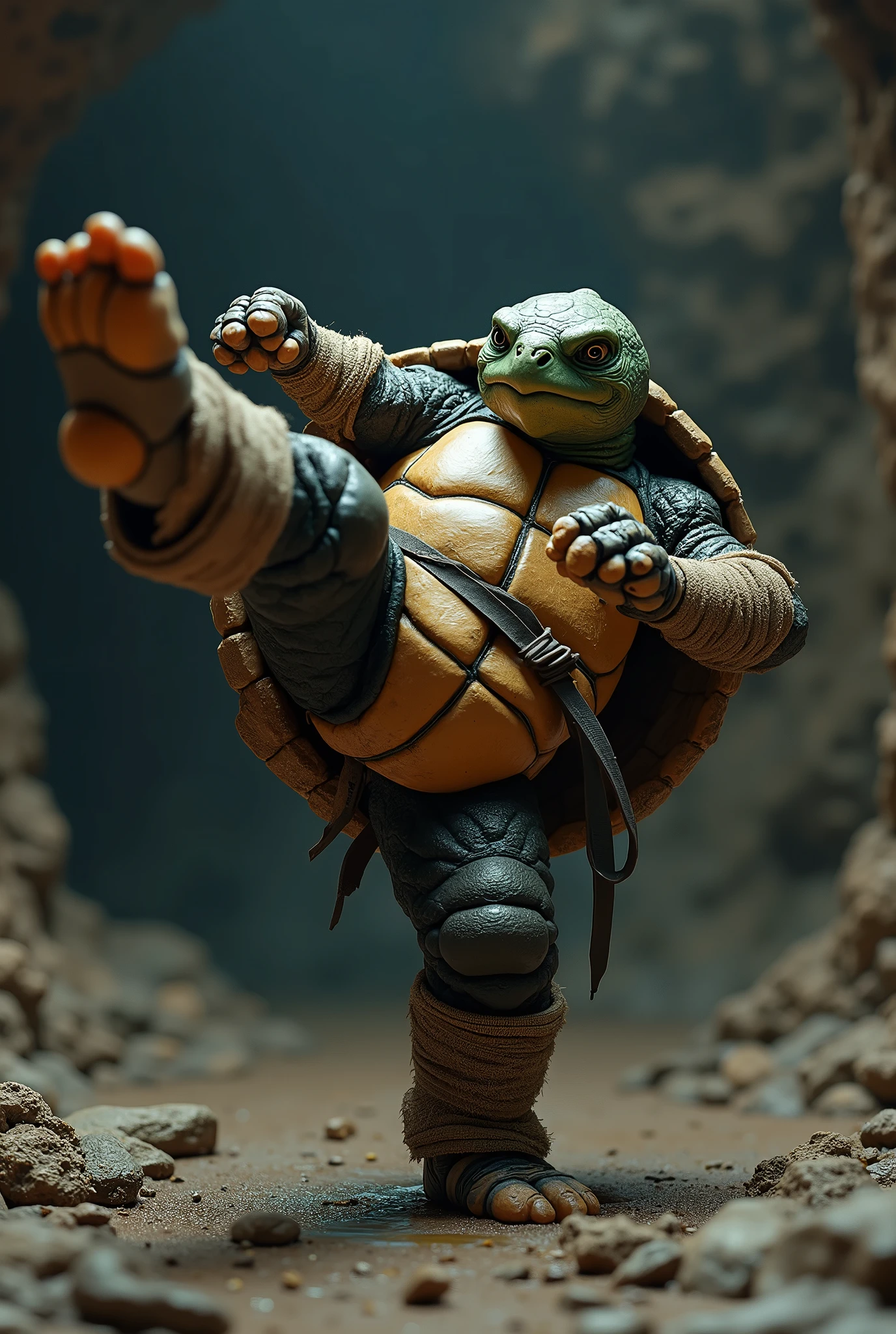 (masterpiece, photorealistic:1.4, extremely intricate:1.3), (photon mapping, radiosity, physically based rendering, ultra resolution, hyper-realistic, photorealistic:1.4, hyper-realistic, 8K), humanized tortoise, monk, his shell is green and black, his arms and legs are wrapped in brown burlap bandages, background dark damp cavern, side view, dynamic action pose karate kick