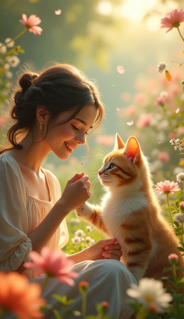 A scene of a beautiful girl touching a cat&#39;foot、Beautiful flower garden、Dancing Cat Fairy、morning、laugh, Queen and the Cat Fairy