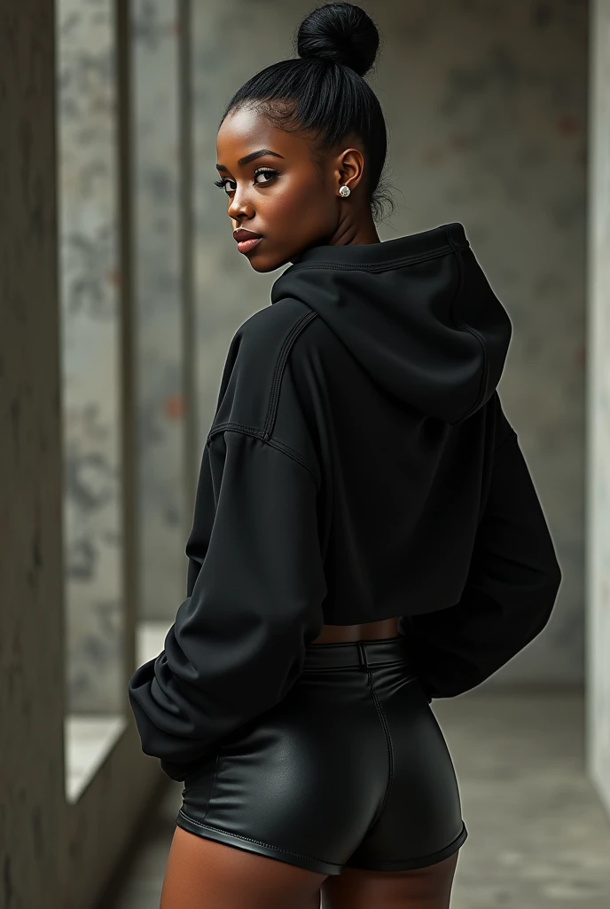 black woman hair in a bun black hoodie black leather short shorts a old grandma in a dress on her knees kissing her ass behind her