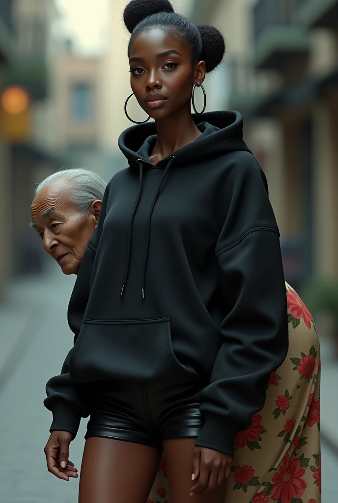 black woman hair in a bun black hoodie black leather short shorts a old grandma in a dress on her knees kissing her ass behind her