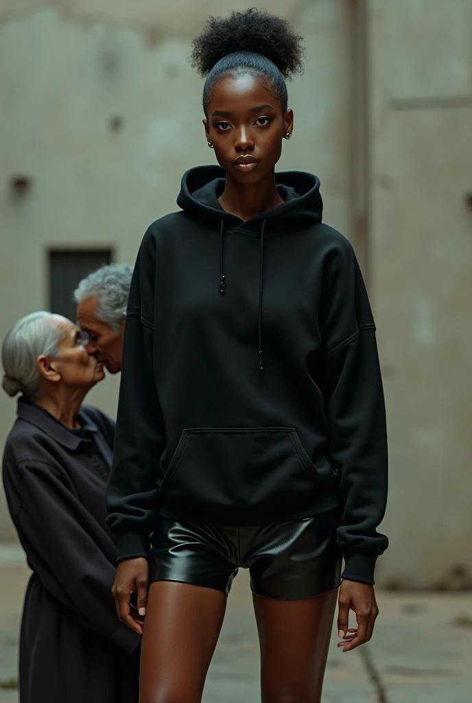 black woman hair in a bun black hoodie black leather short shorts a old grandma in a dress on her knees kissing her ass behind her